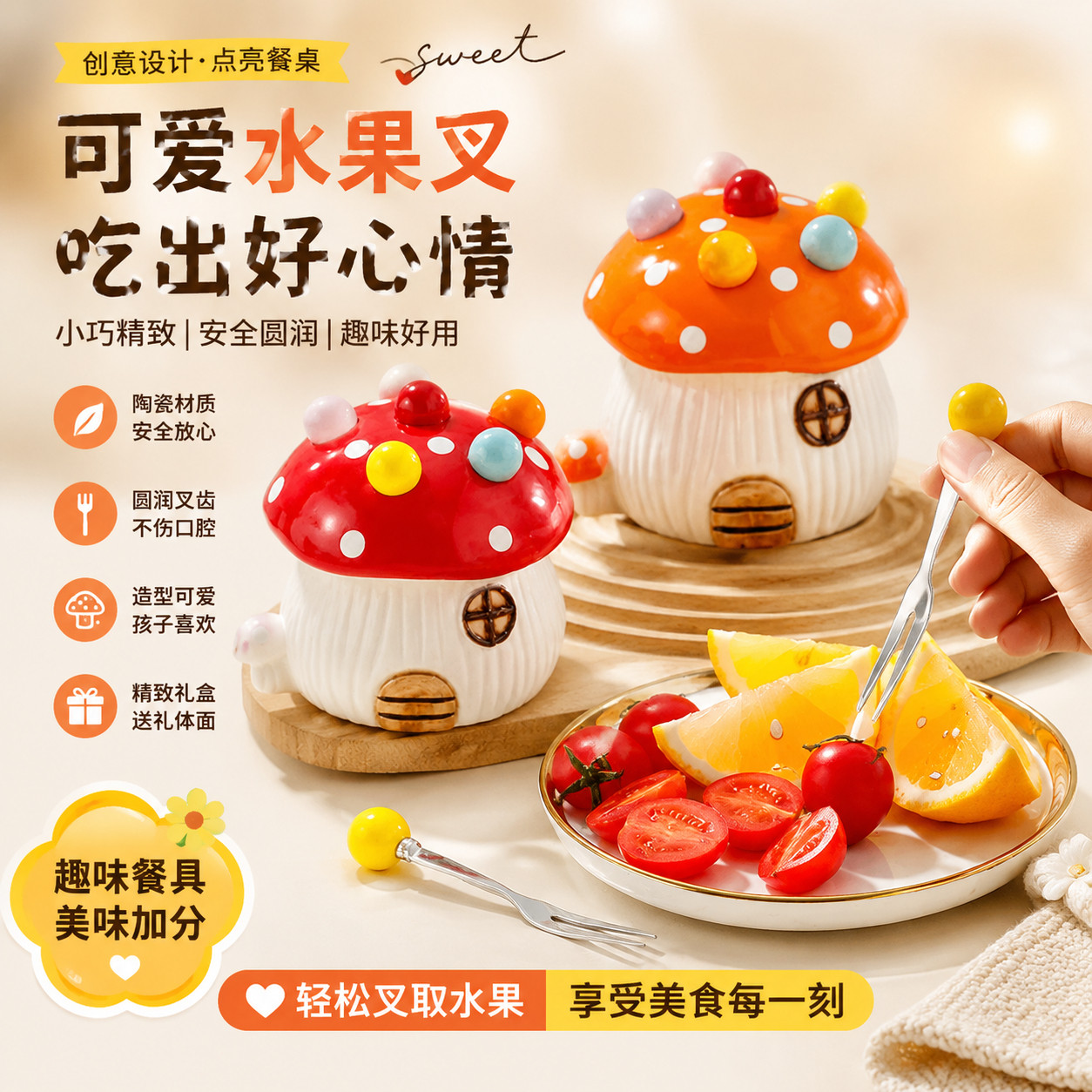 漂亮水果叉可爱家用创意陶瓷儿童安全小叉子甜品蛋糕高颜值水果签