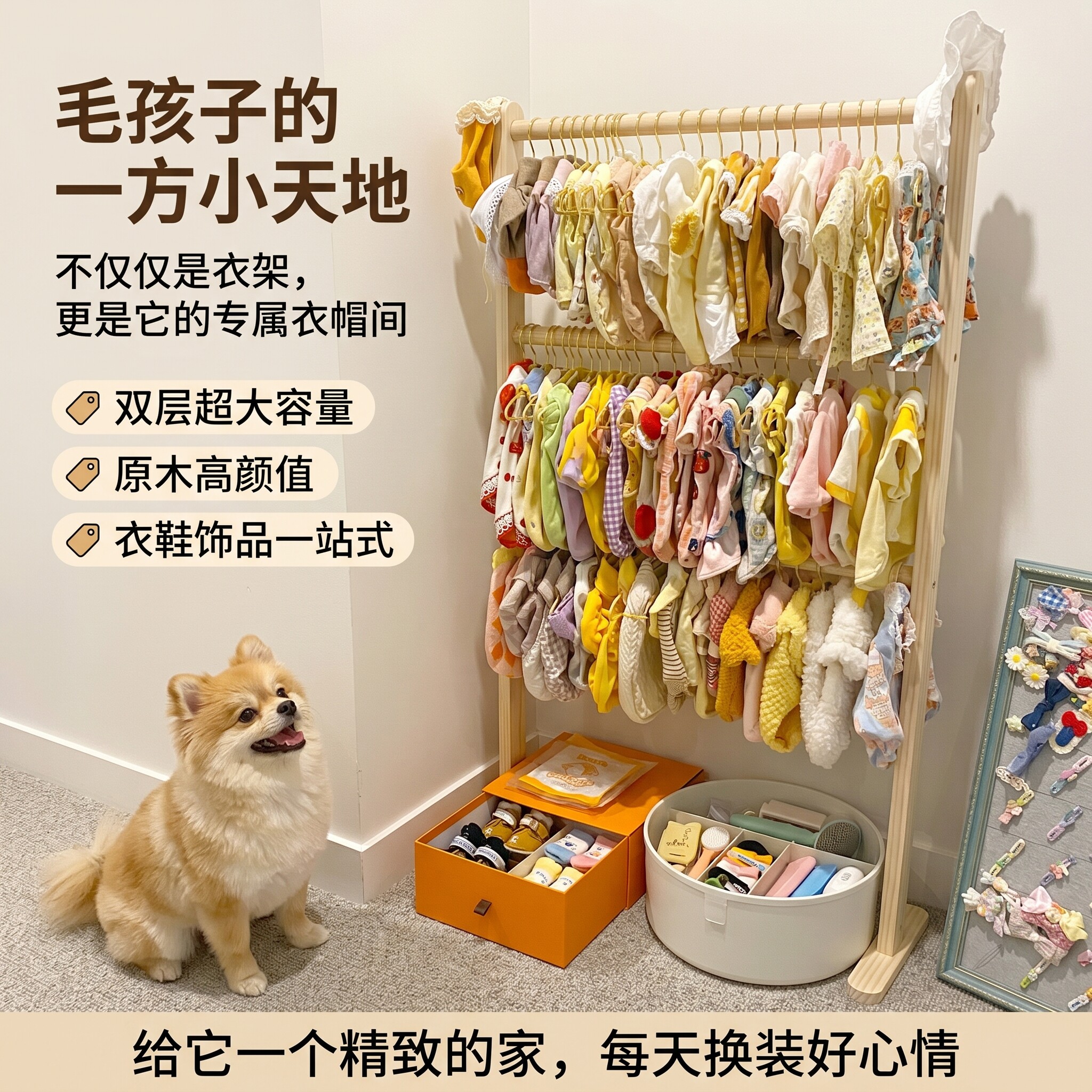 宠物衣架落地狗狗宝宝棉花娃娃实木收纳架多层落地防滑设计挂衣架