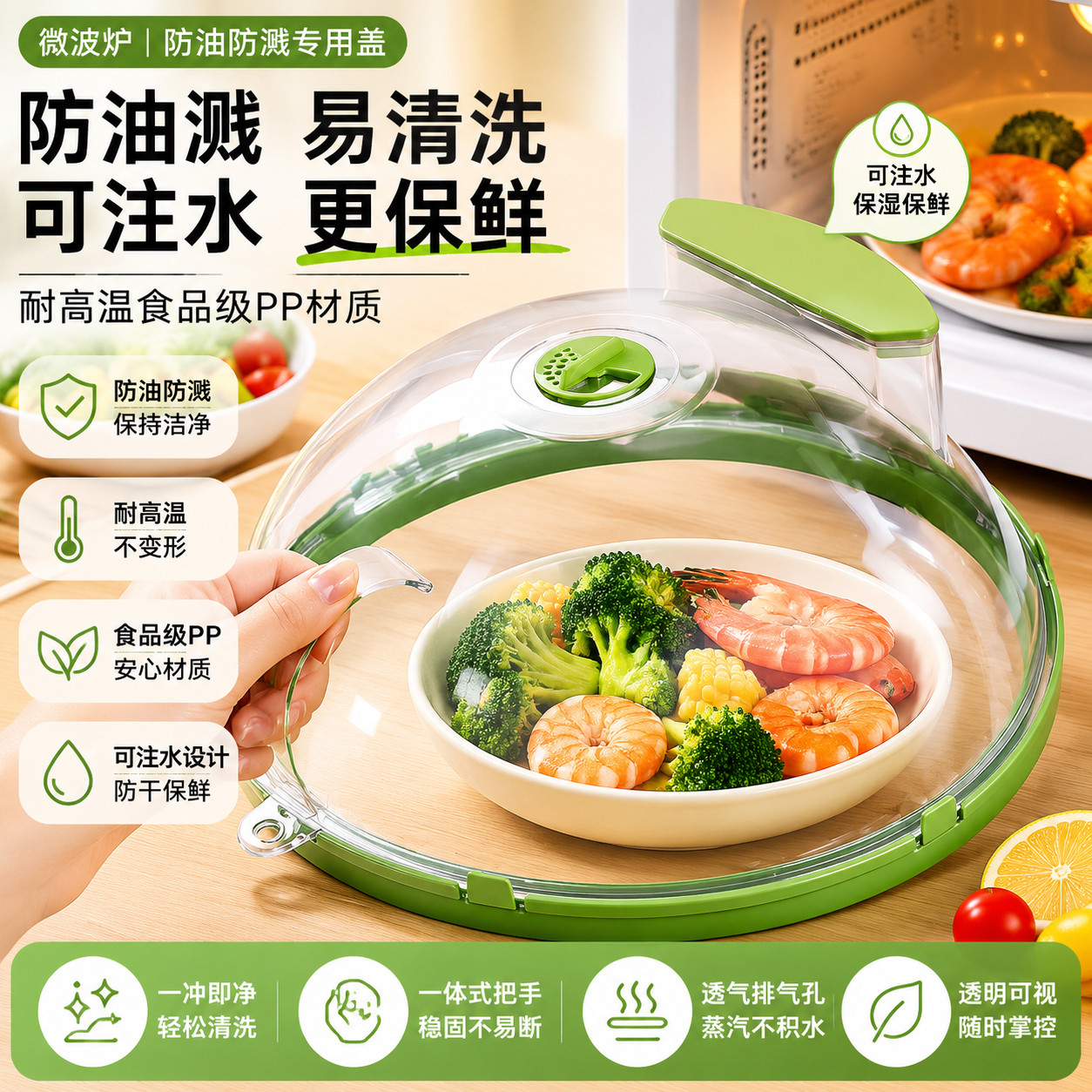 微波炉防溅盖耐高温食品级pp材质加热盖菜罩专用防油罩可注水保鲜图片