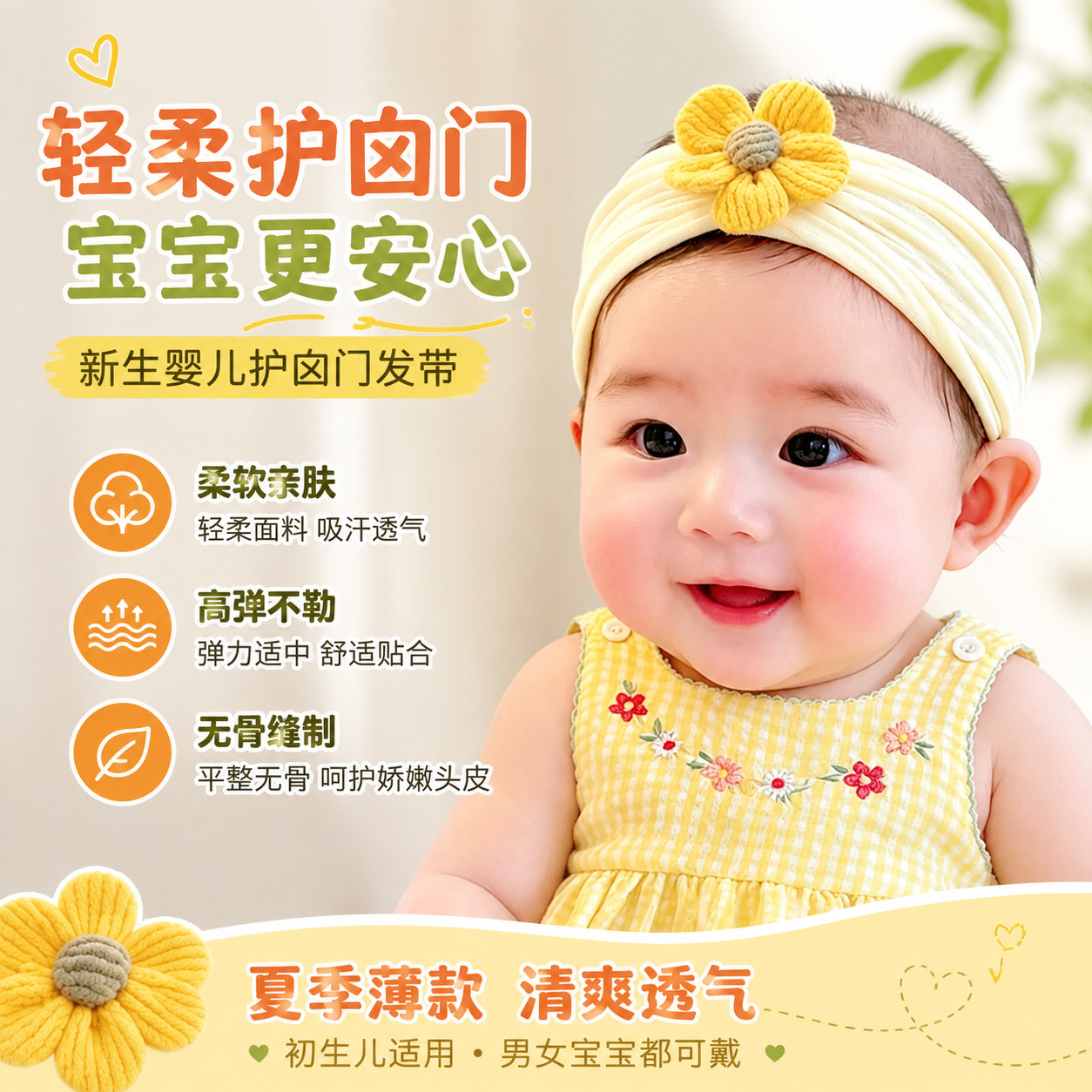 保护囟门发带新生婴儿儿帽子夏季薄款初生无骨小胎帽弹性夏季男宝