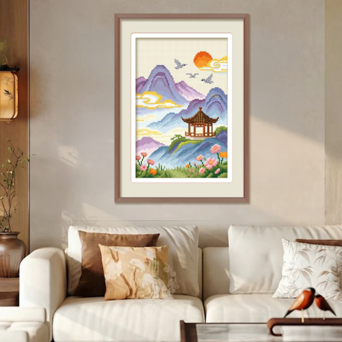 KS十字绣云起时新中式山水亭台图客厅书房禅意手工线绣装饰画新品