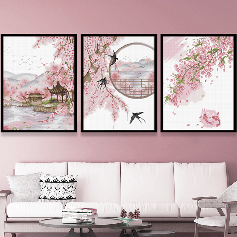 KS十字绣新款花间留韵2023线客厅风景三联画小幅画自己绣手工