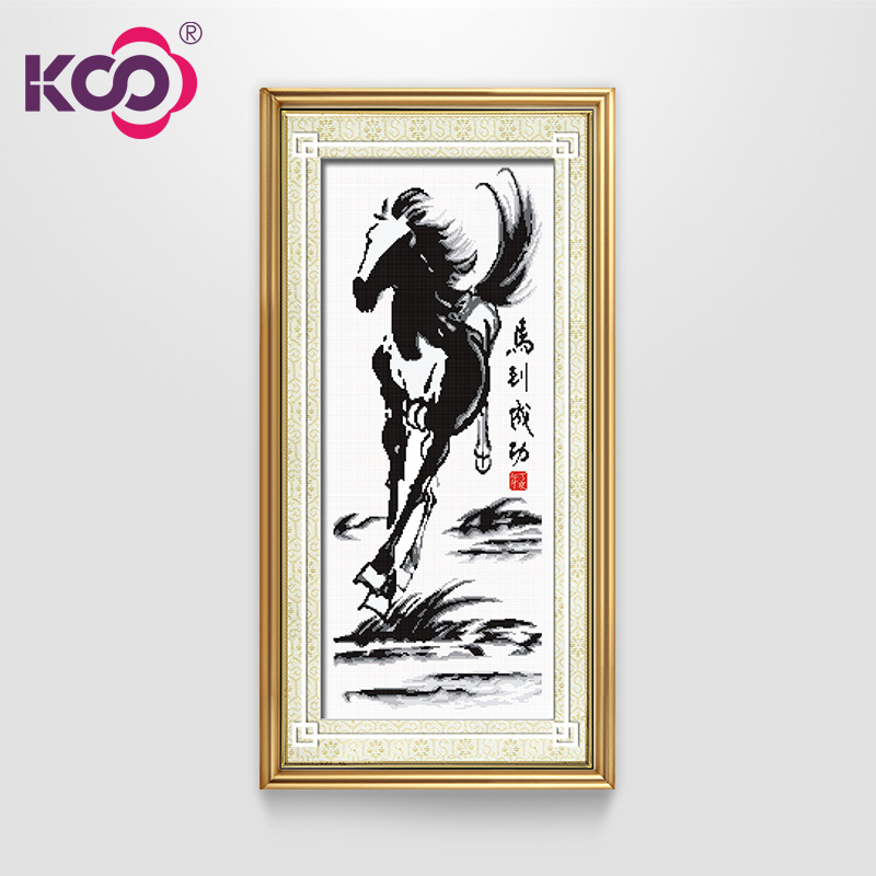 ks十字绣线绣新款清新印花布棉线客厅现代中式竖版动物画马到成功