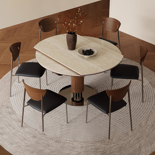 中古风岩板餐桌椅组合小圆桌包豪斯实木圆形饭桌旋转方圆两用桌子