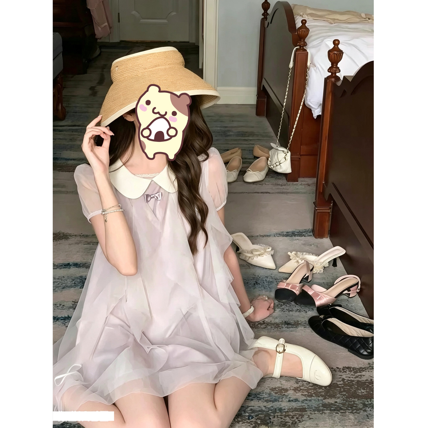 水仙甜 葡萄小天使 甜美风娃娃领连衣裙女夏减龄短袖显瘦网纱裙子