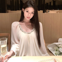kubvili【貴嬌美富】重工珍珠亮片抽褶露背雪紡襯衫系帶純欲上衣
