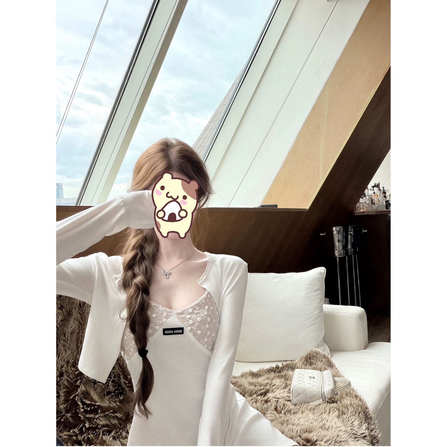 kvubili【m*u1系甜心】镂空蕾丝花边针织套装女装白色开衫连衣裙