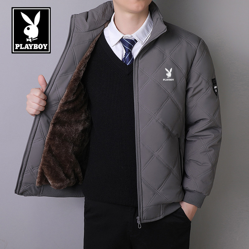 花花公子男棉衣加绒加厚商务休闲立领夹克外套中青年冬季棉袄上衣