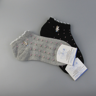 女士船袜春夏季 外贸袜子 刺绣兔子纯棉短筒碎花淑女可爱女学生短款