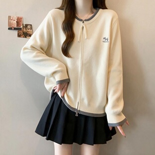 毛衣开衫外套女秋冬2026新款女大童休闲初中生加厚学院风拉链上衣
