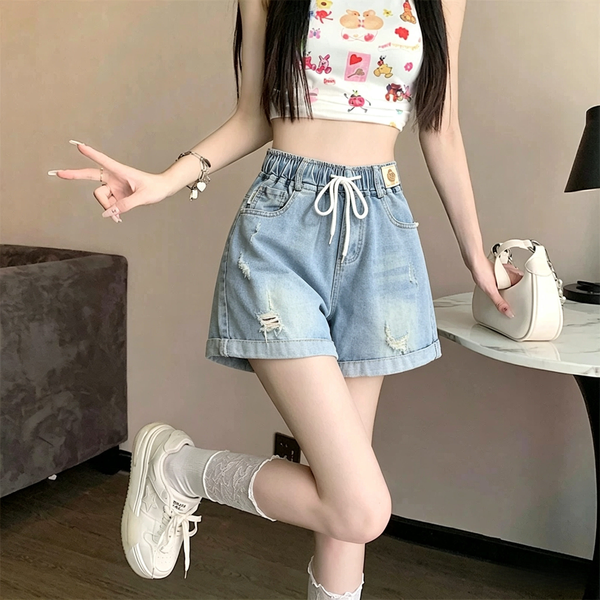 松紧腰牛仔短裤女夏装2026新牛仔裤
