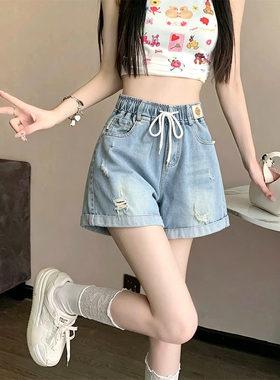 松紧腰牛仔短裤女夏装2026新款中大童初中生少女孩大码学院风热裤