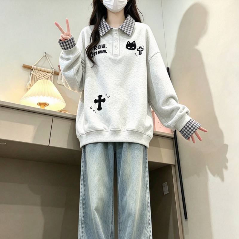 假两件polo领卫衣女春秋季初中高中学生女大童宽松学院风长袖上衣