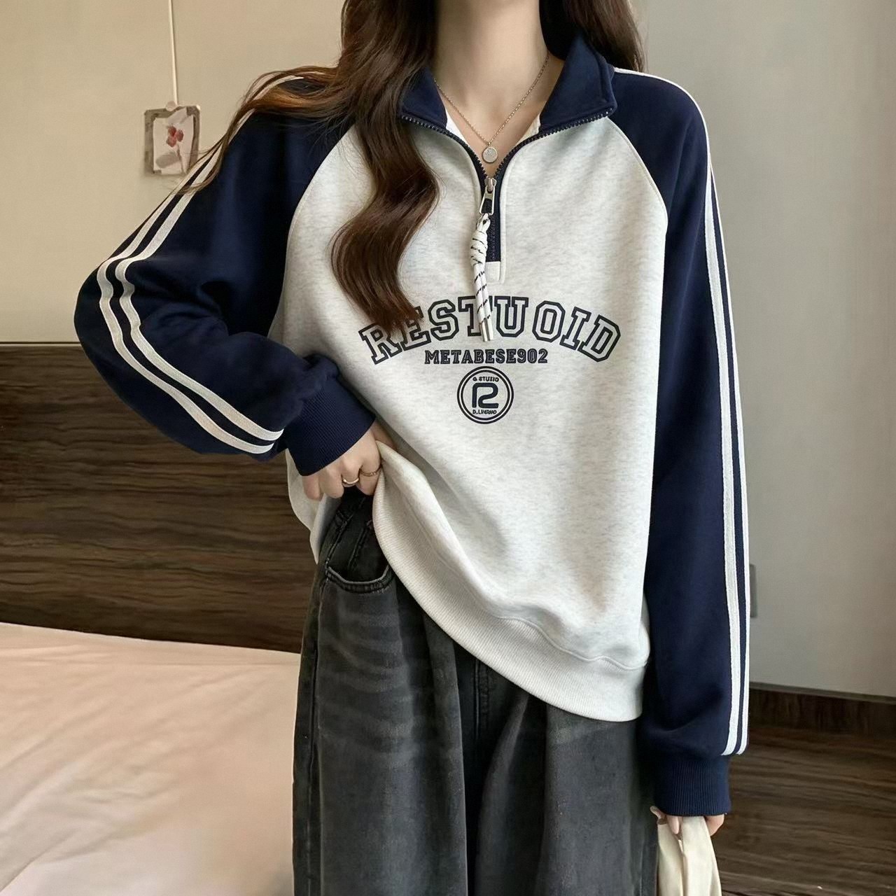 女大童初中学生美式字母印花卫衣春秋撞色插肩半高领校园长袖上衣