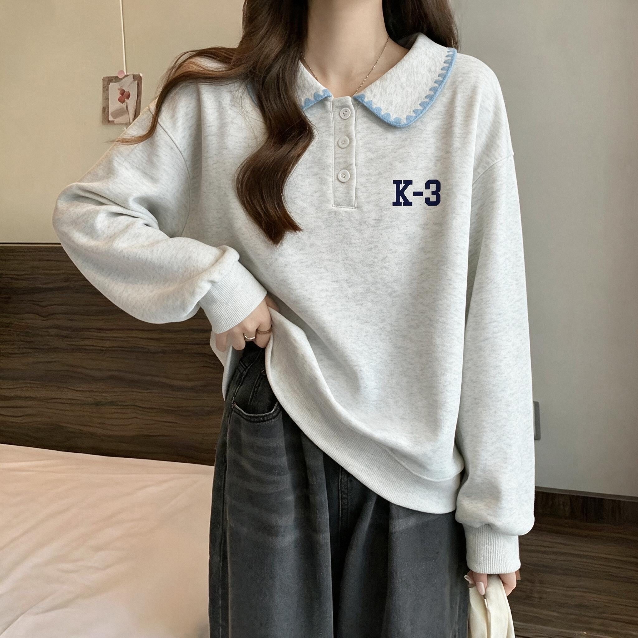 翻领卫衣女韩系春秋新款外穿初中高中学生少女休闲学院风长袖上衣