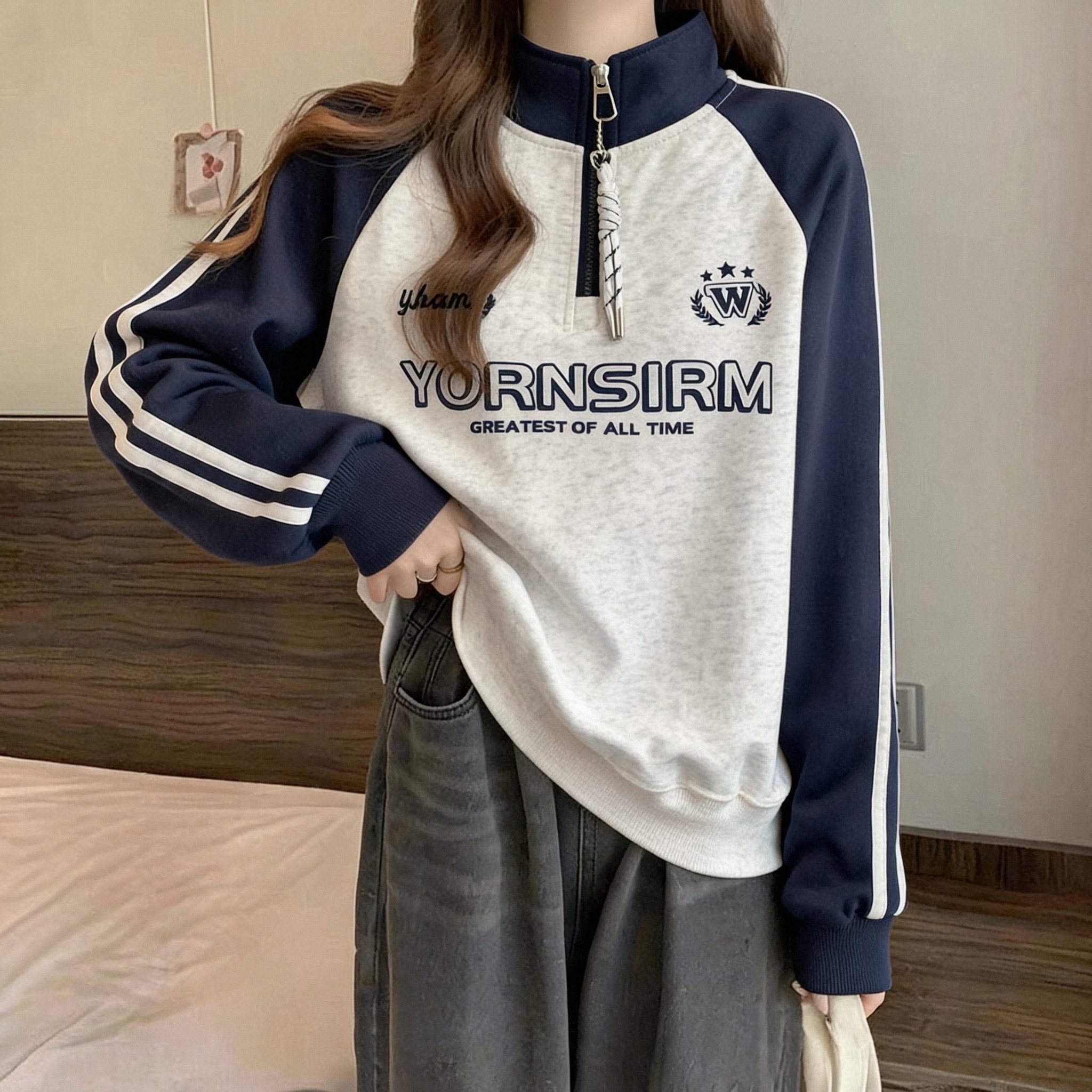 春秋季拼色半拉链卫衣女初中生高中少女大童条纹插肩袖半高领上衣