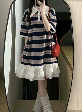女大童连衣裙夏季微胖轻奢初中生甜美风显瘦休闲条纹少女孩卫衣裙