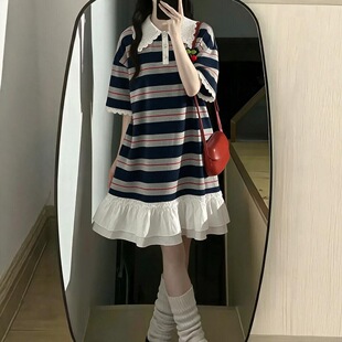 女大童连衣裙夏季微胖轻奢初中生甜美风显瘦休闲条纹少女孩卫衣裙