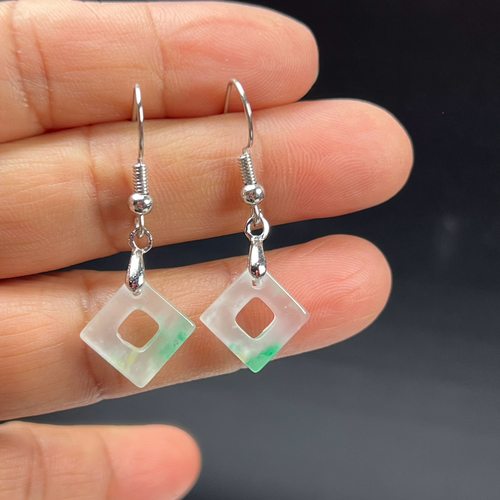 纯天然真玉耳环高冰飘翠绿色非洲翠玉玉石正方形耳坠玉石耳环正品