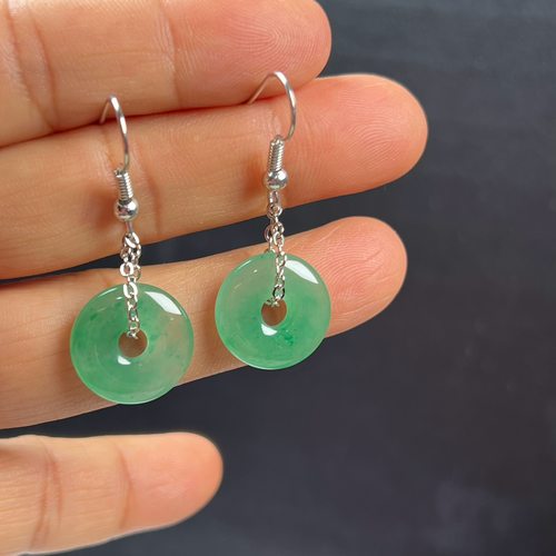 纯天然真玉耳环高冰飘翠绿色非洲翠玉玉石平安扣耳坠玉石耳环正品