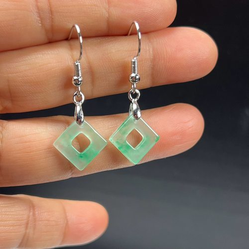 纯天然真玉耳环高冰飘翠绿色非洲翠玉玉石正方形耳坠玉石耳环正品