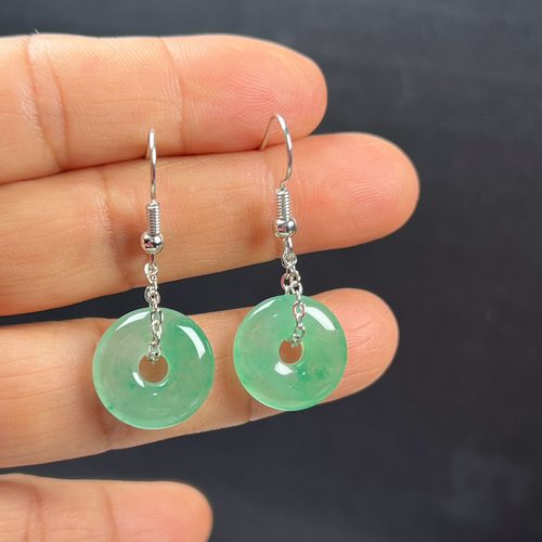 纯天然真玉耳环高冰飘翠绿色非洲翠玉玉石平安扣耳坠玉石耳环正品