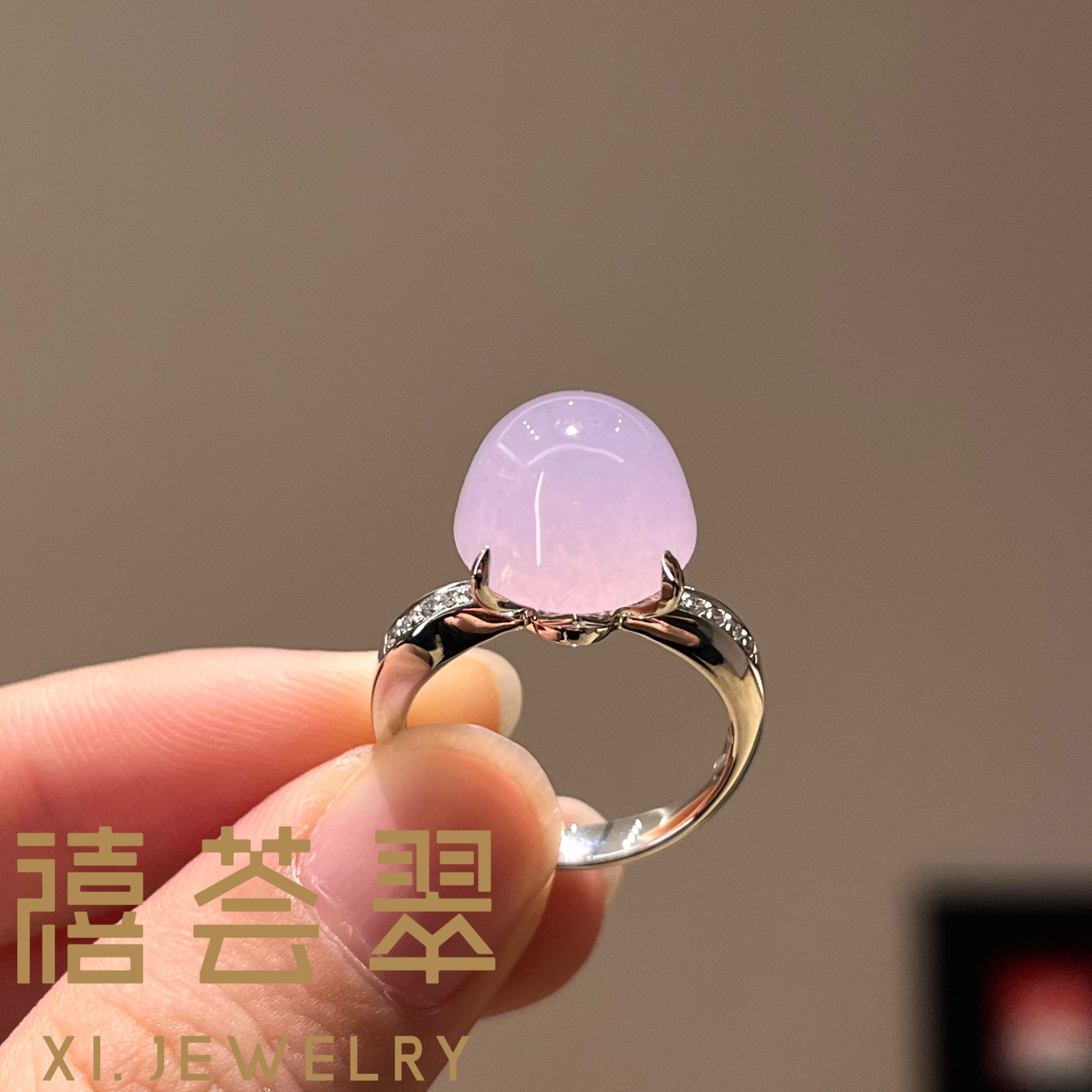 【禧荟翠】紫罗兰蛋面戒指钻石镶嵌天然缅甸A货翡翠
