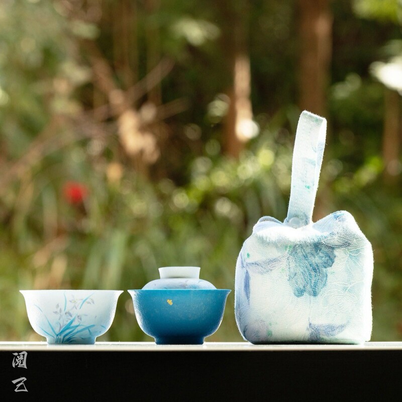 阅己器物 便携收纳旅行茶具 出差一人饮盖碗套装 手绘兰花釉下彩