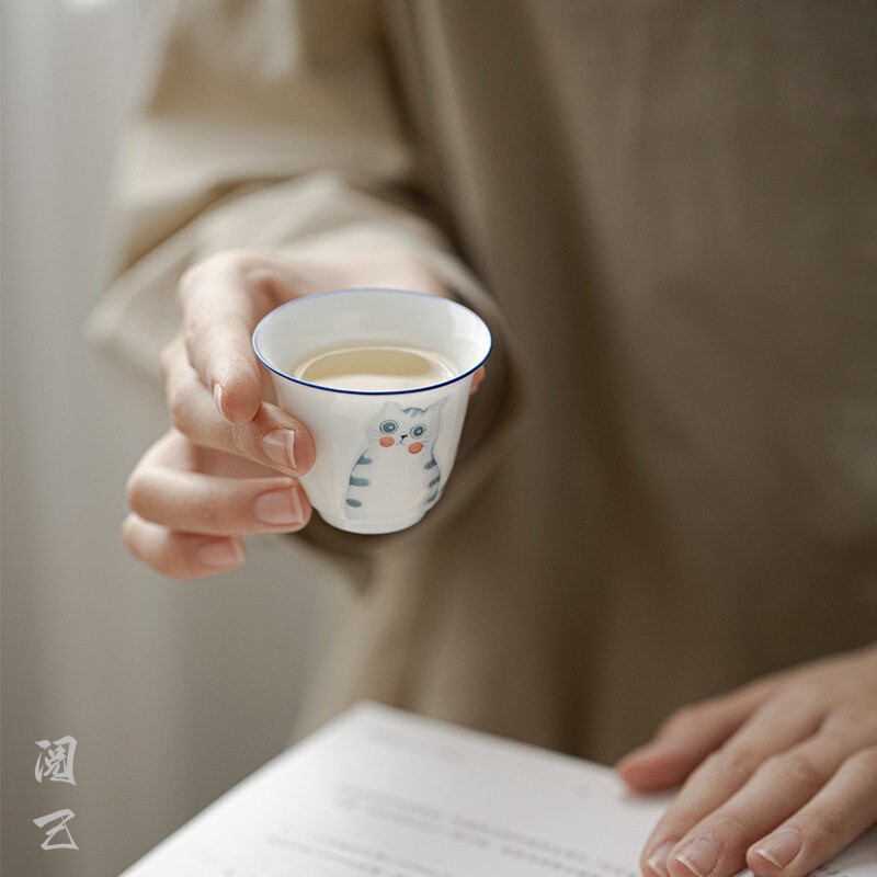 阅己器物 手绘猫桃品茗杯主人杯 功夫茶具家用陶瓷单杯客杯