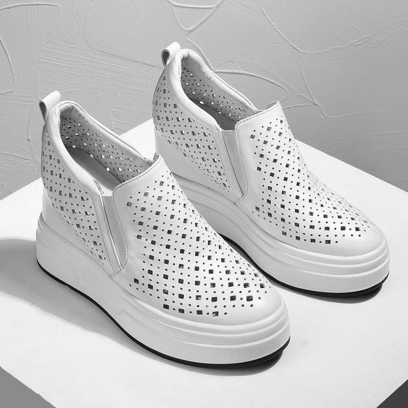 一脚蹬9cm内增高镂空单鞋女夏季厚底松糕休闲小白鞋真皮洞洞女鞋