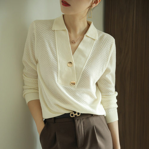 初春新款女装2022v领镂空针织衫套头长袖通勤气质轻熟风上衣