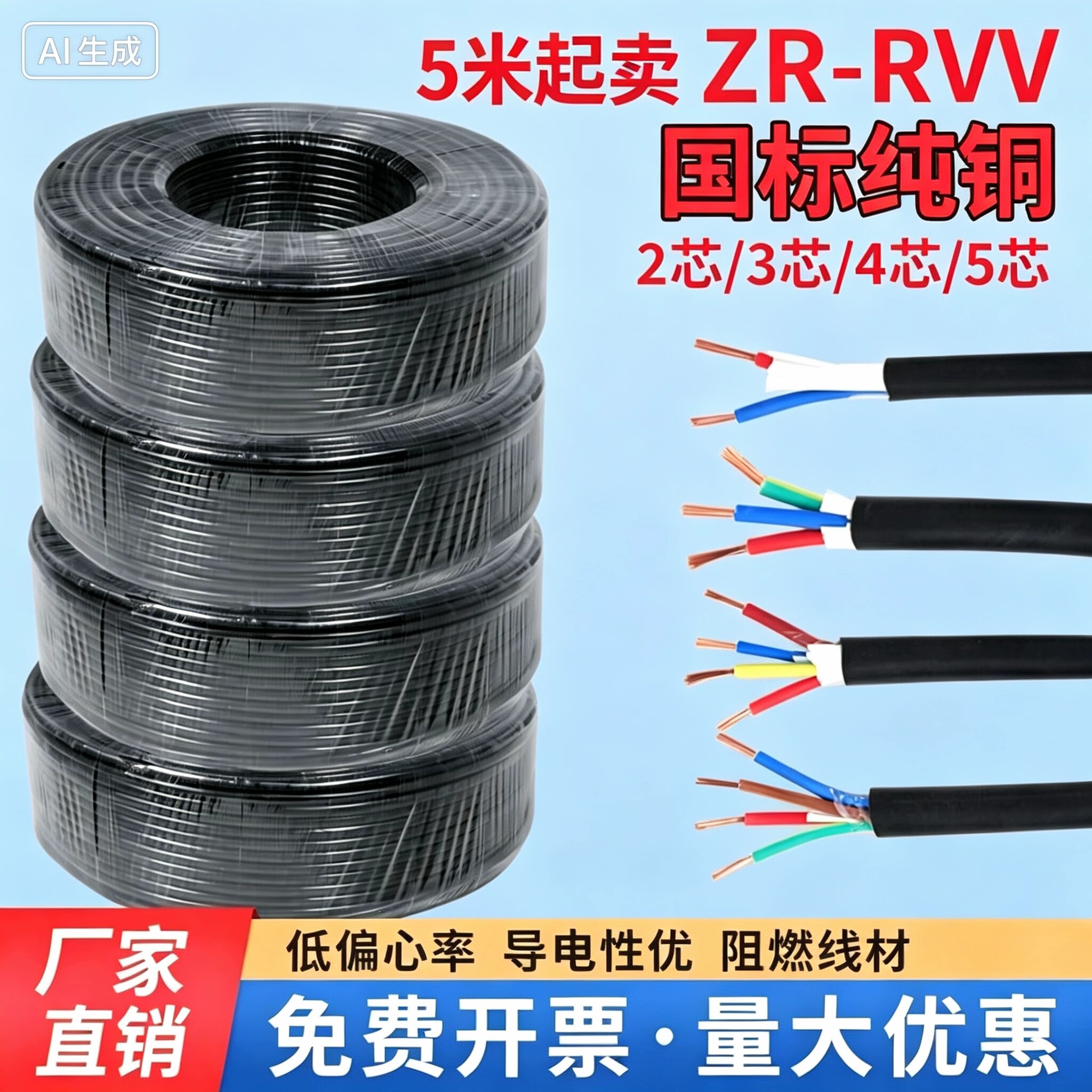 国标rvv铜芯软护套电缆线2芯3芯075 1.5 4平方户外三相电源线拆零