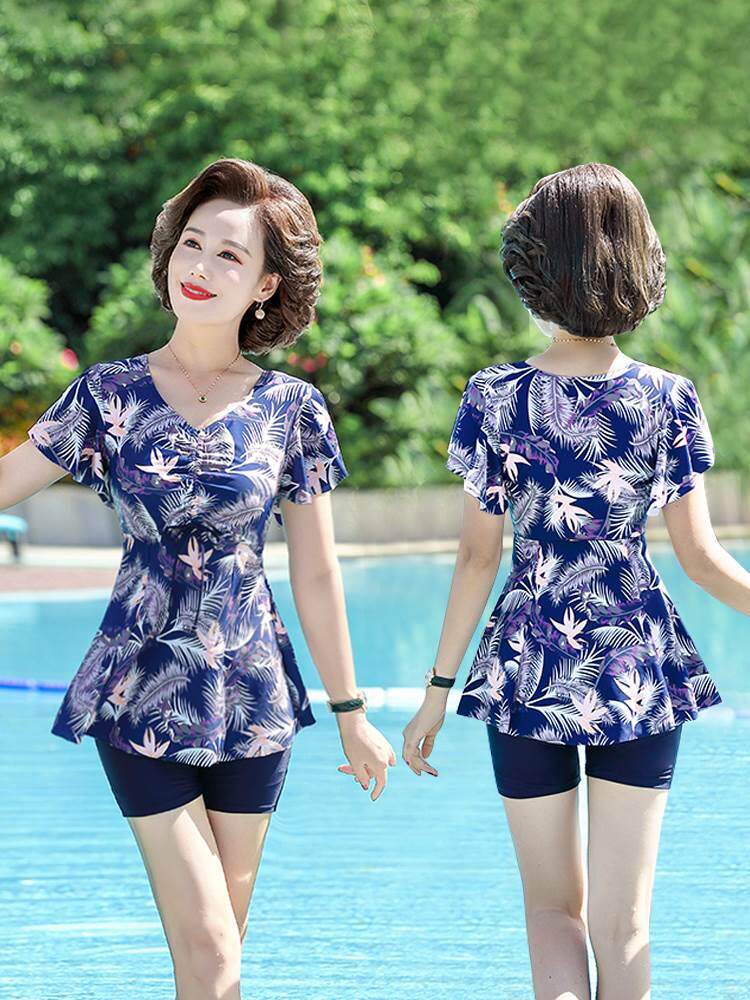 妈妈泳衣女保守中老年显瘦遮肚大码分体妈妈款游泳衣温泉泳0205f