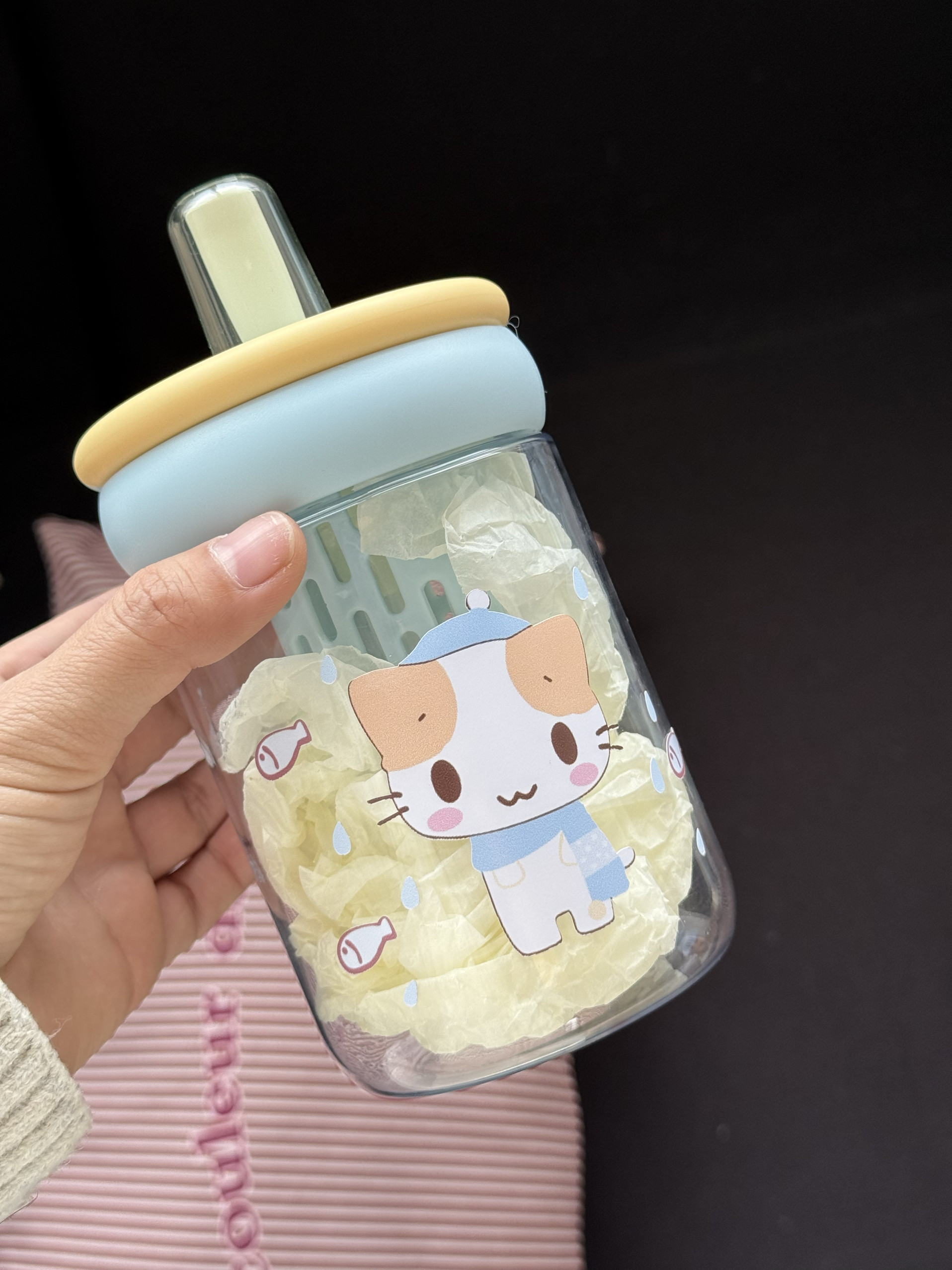 棉花糖猫咪塑料杯带提手吸管水杯可爱学生食品级安全便捷女生夏季图片