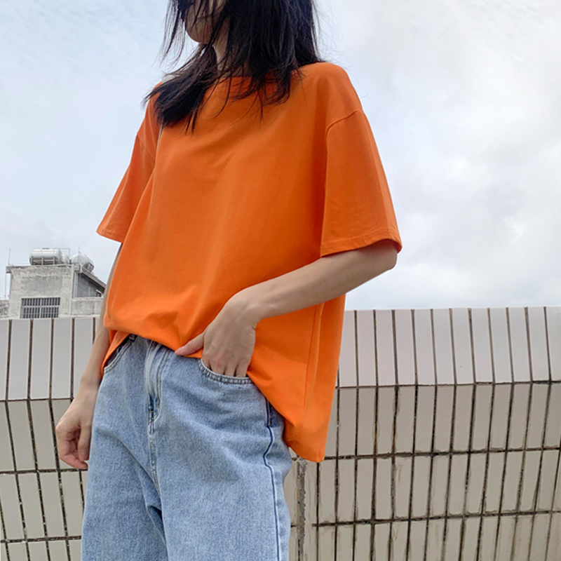 桔色短袖t恤女宽松韩版夏ins潮纯棉基础款半袖bf学生上衣oversize