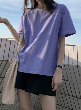 紫色棉质短袖t恤女ins潮2021新款网红宽松韩版内搭打底衫体恤上衣
