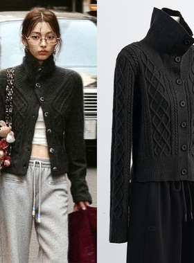 2026春黑灰色百搭高领开衫针织毛衣高级感羊毛混纺毛织上衣外套女