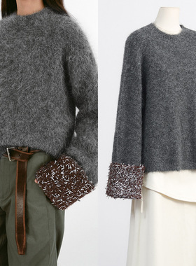 2026春韩国Ins时尚博主同款灰色毛茸茸软糯宽松慵懒风套头毛衣女