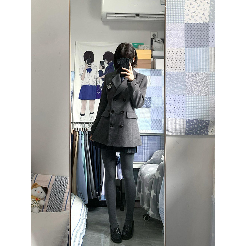 日系复古灰色毛呢上衣+格纹半裙套装学院风小个子甜美呢子外套女