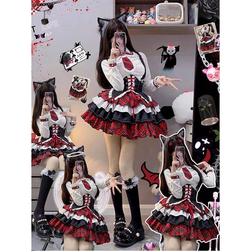 黑红美式辣妹摇滚风lolita裙背带束腰衬衣蓬蓬裙洛丽塔打歌服日常