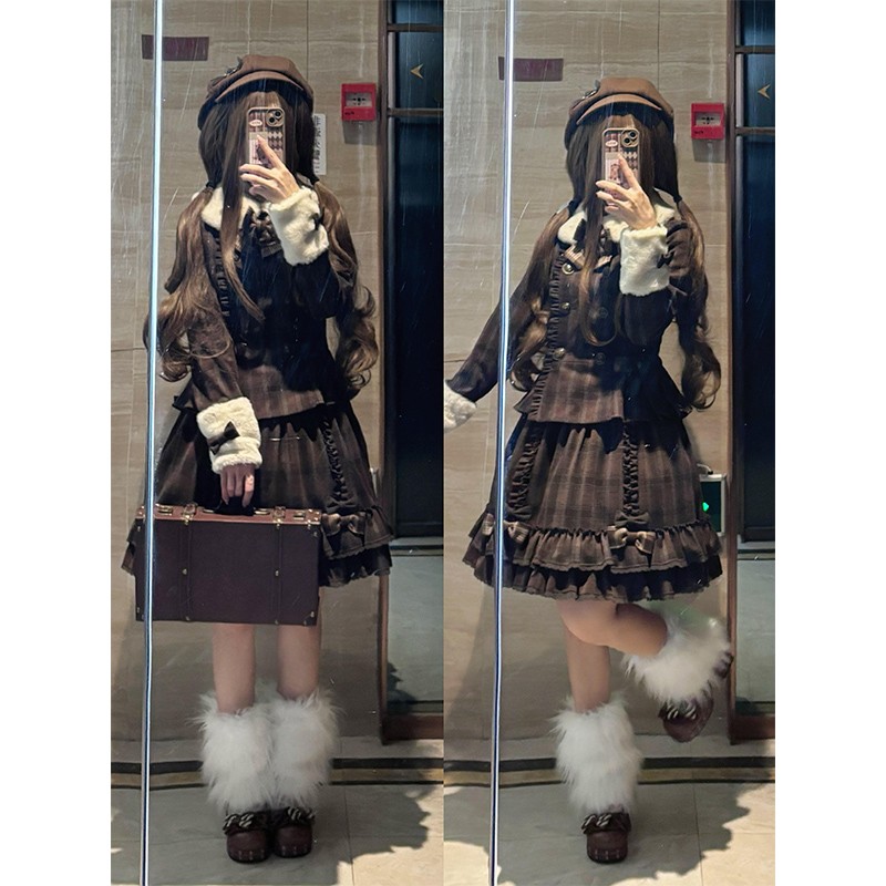 甜美可爱复古格纹蝴蝶结上衣短裙Lolita裙套装洛丽塔公主裙日常