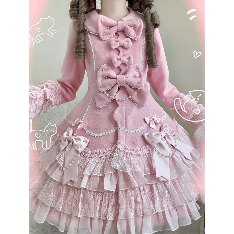 粉色可爱甜美风珍珠蝴蝶结lolita裙大衣外套华丽洛丽塔公主裙日常