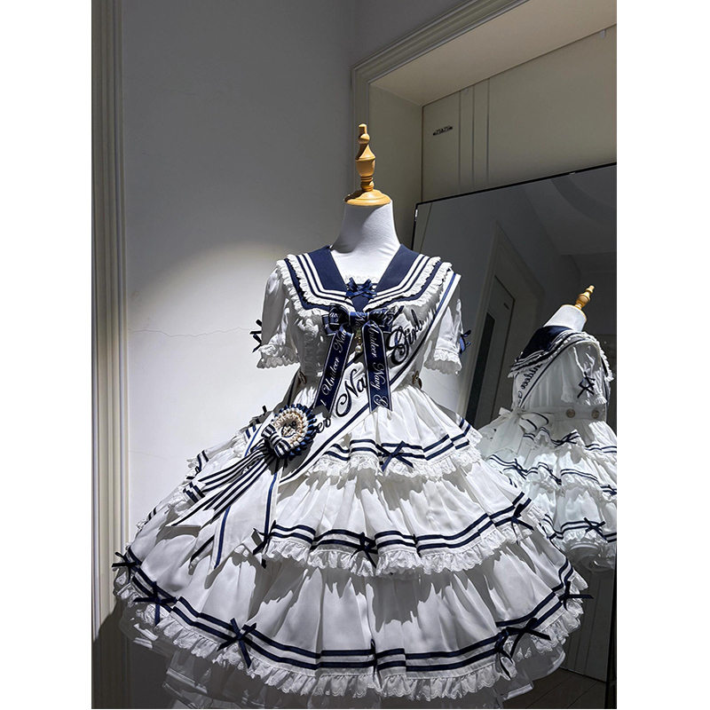 白色海军风三段式lolita裙op绶带徽章可爱公主裙洛丽塔2025新款