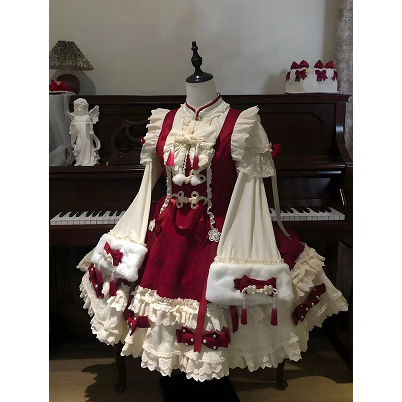 圣诞新年战袍甜美红色Lolita裙秋冬少女感旗袍洛丽塔公主裙日常