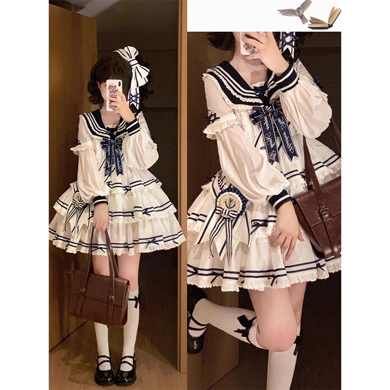 白色海军领三段式lolita裙绶带学院风洛丽塔可爱显瘦公主裙洋装