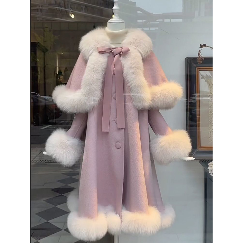 雪域毛领毛呢斗篷蝴蝶结呢子大衣少女感外套冬套装lolita斗篷大衣