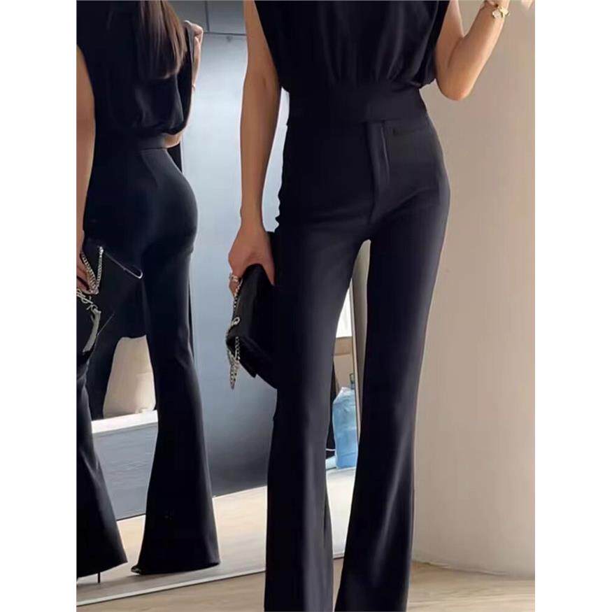 西装喇叭裤女2025夏季新款高腰显瘦垂感小个子黑色弹力拖地微喇叭