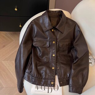 美拉德风棕色皮衣女款2026年新款春季休闲宽松翻领皮夹克外套上衣