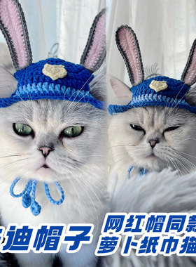 网红猫大开门同款朱迪猫咪宠物帽子萝卜纸巾猫帽子手工编织装饰品