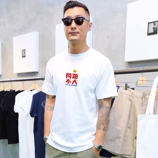 问题不大T恤男短袖夏季国潮港风潮流纯棉宽松创意文字趣味衣服ins